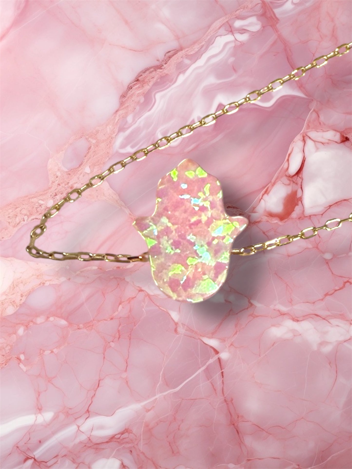 Gold and Pink Opal Hamsa necklace
