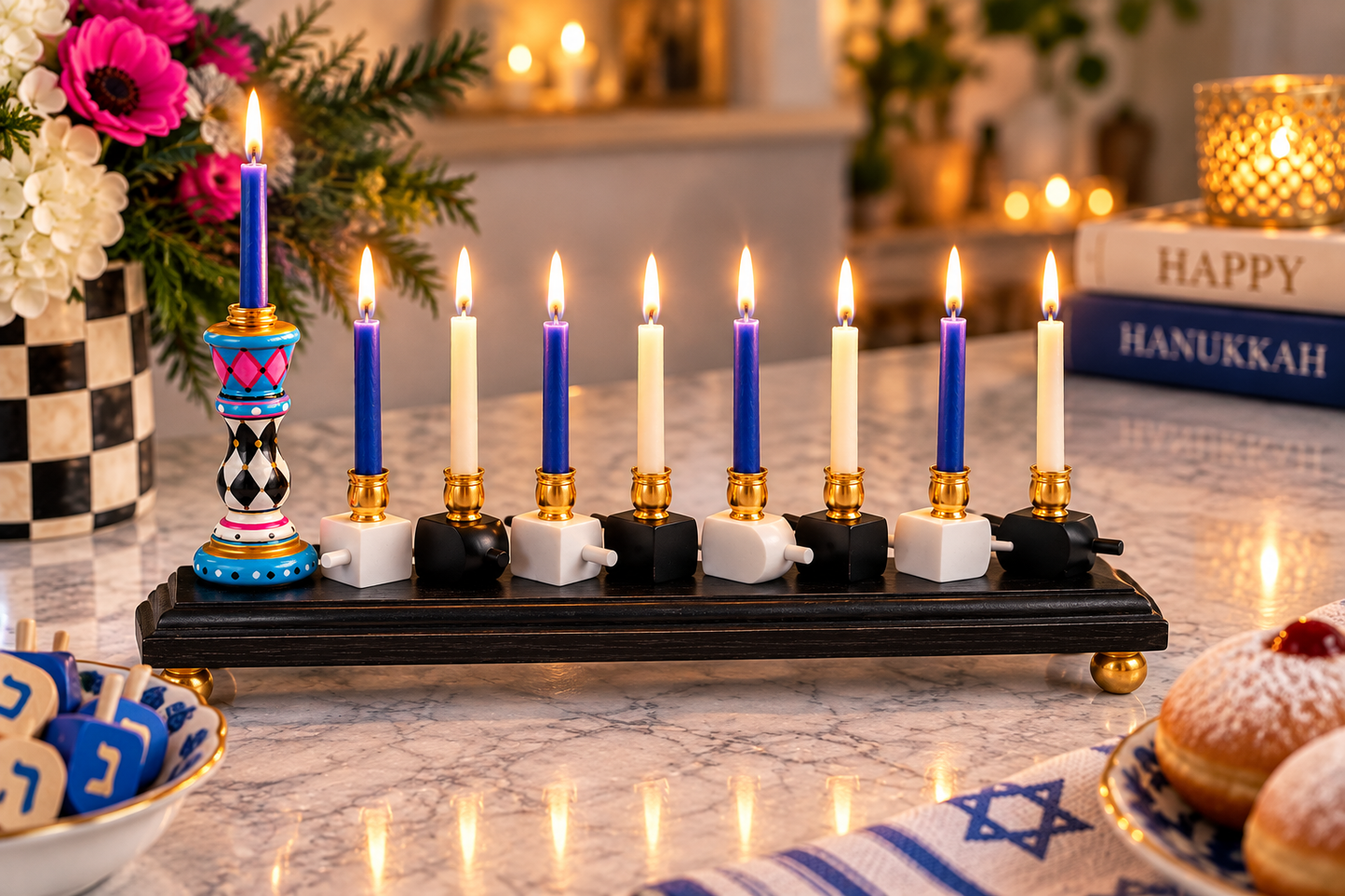 Basha — Hand-Painted Dreidel Menorah | One-of-a-Kind Wooden Hanukkiah