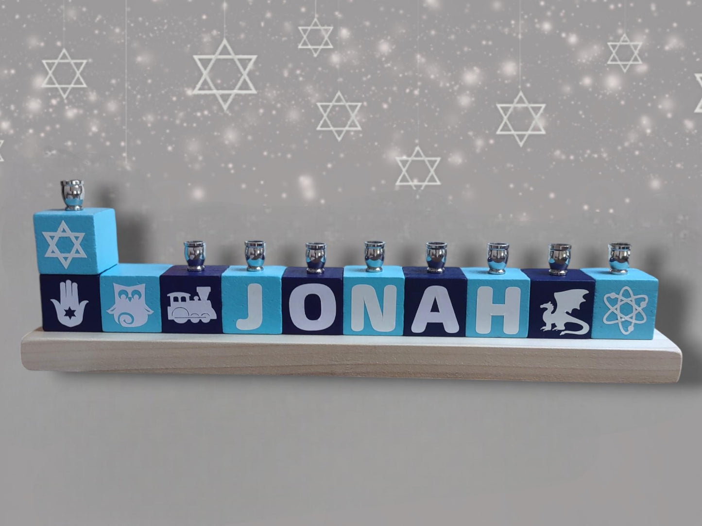 Personalized Name Blocks Menorah Kids Child Baby Judaica Jewish Hanukkah Custom Order Hebrew English