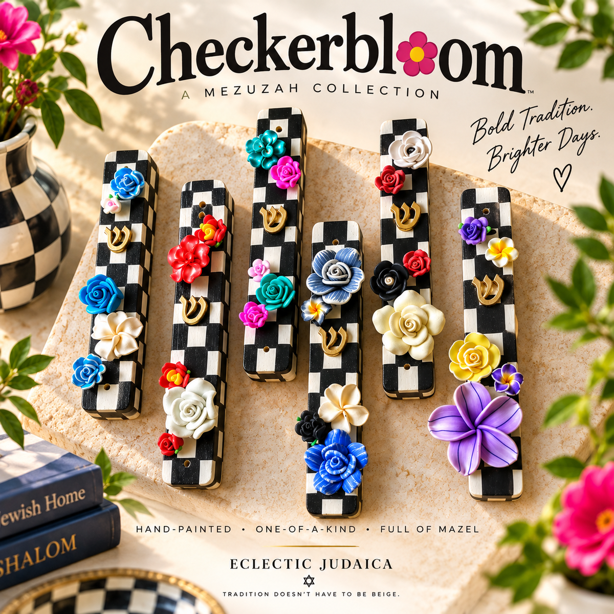 The Checkerbloom Mezuzah — Hand-Painted Floral Mezuzah