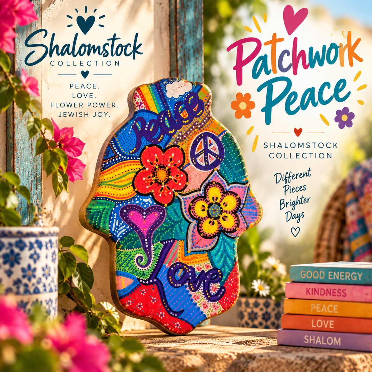 The Shalomstock Collection — Hand-Painted Hamsa Wall Art | Peace, Love & Flower Power Judaica