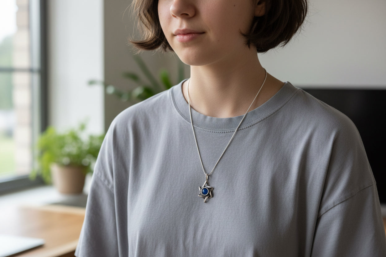 Sterling Silver Jewish Star of David Pendant Necklace with choice of gemstone