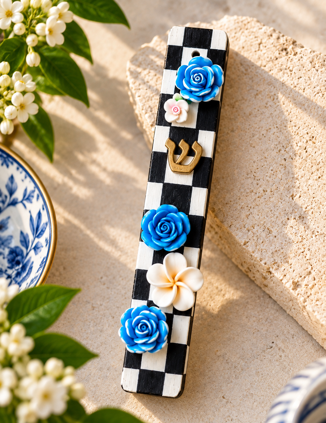 The Checkerbloom Mezuzah — Hand-Painted Floral Mezuzah