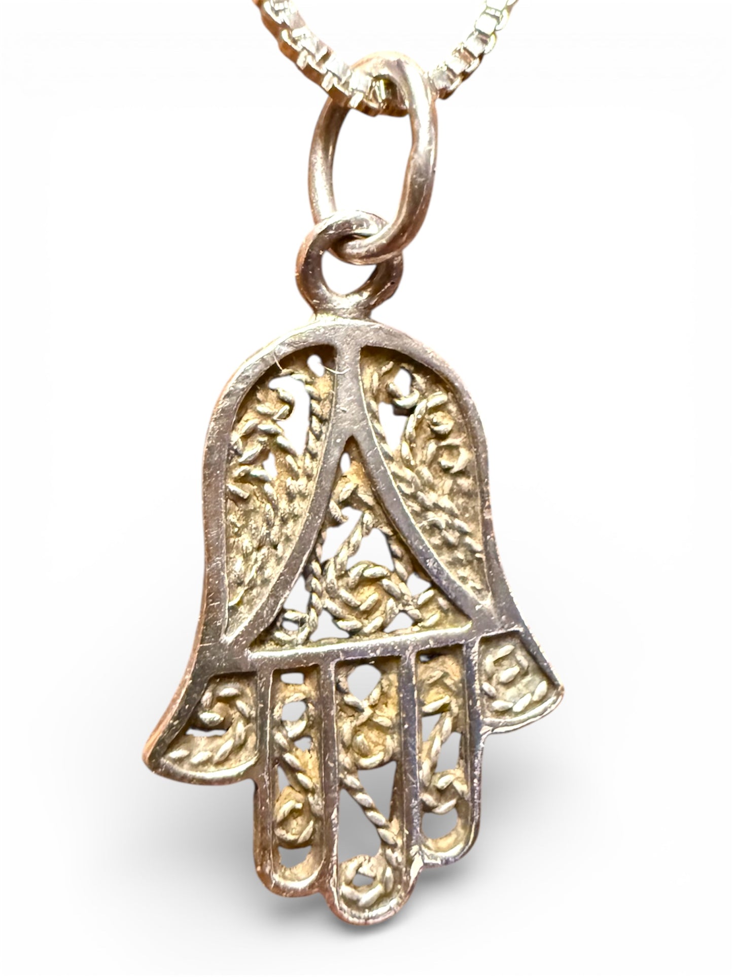 Vintage Sterling Silver filagree Hamsa Pendant Necklace