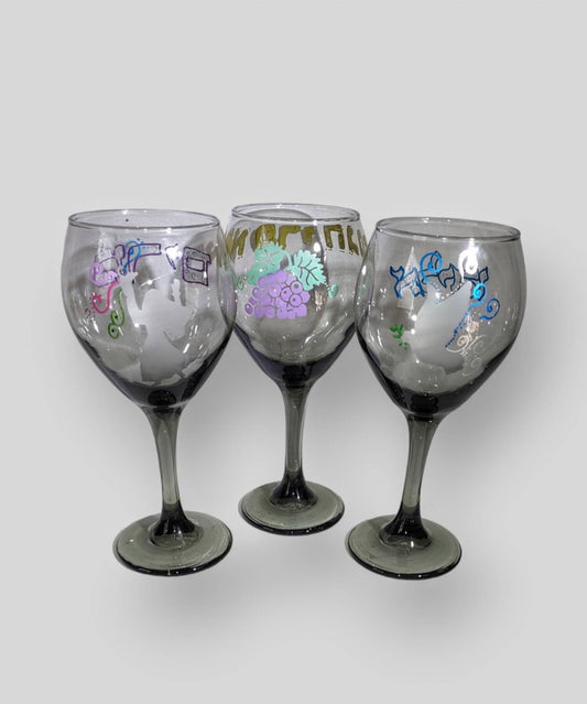 Handpainted Set of Miriam, Elijah & Kiddush Cups Passover Seder Glassware