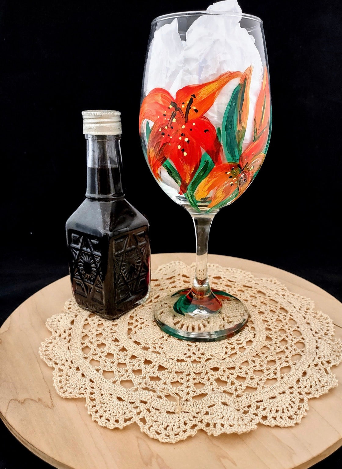 Hand-Painted Lilies Wine Glass, Checkerboard Stem