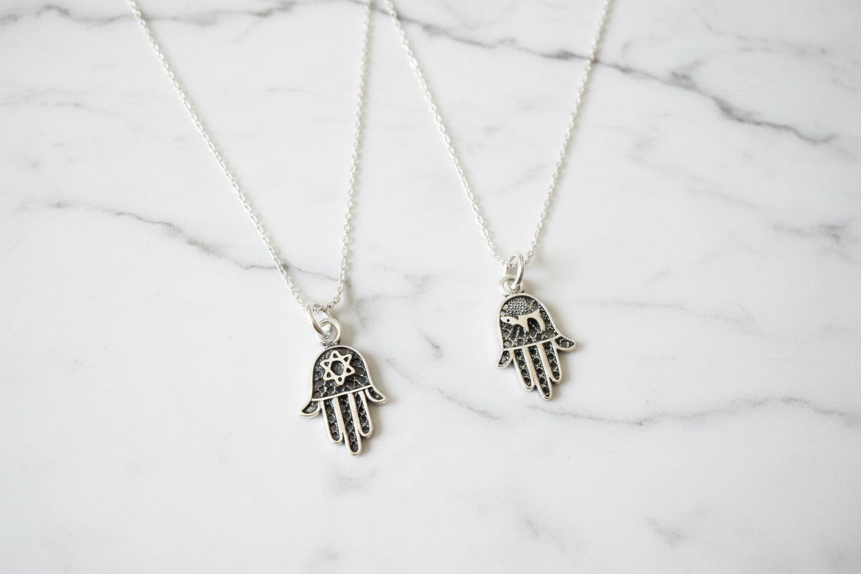 Sterling Silver filagree Hamsa Star of David or Chai Pendant Necklace