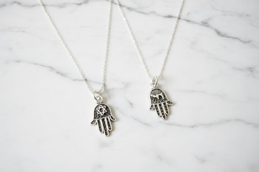Sterling Silver filagree Hamsa Star of David or Chai Pendant Necklace