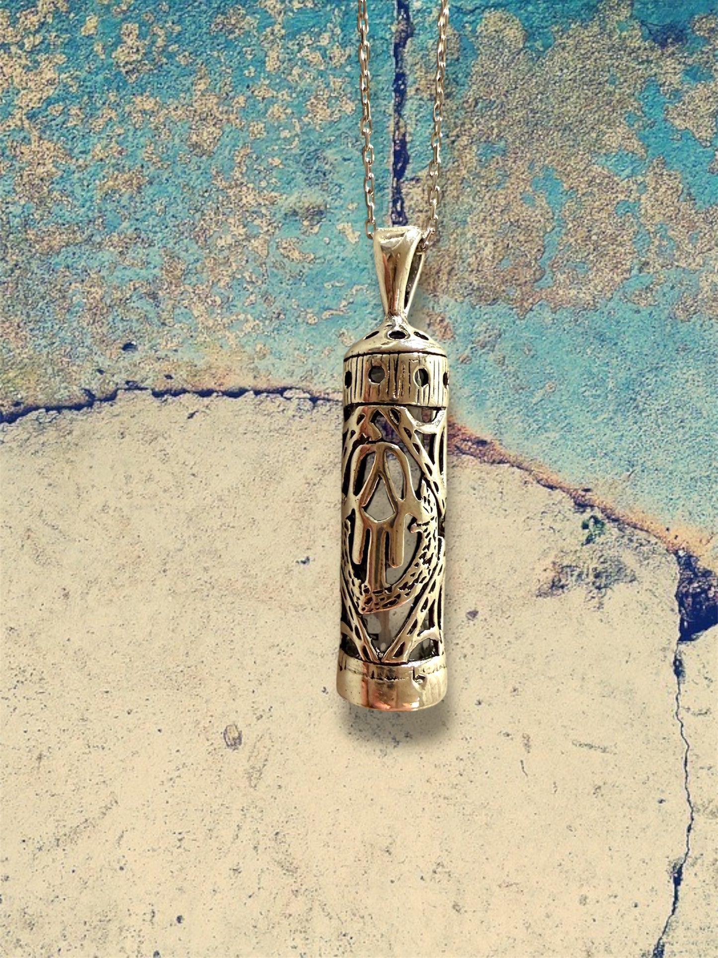 Sterling Silver Hamsa Hand Mezuzah Case pendant necklace