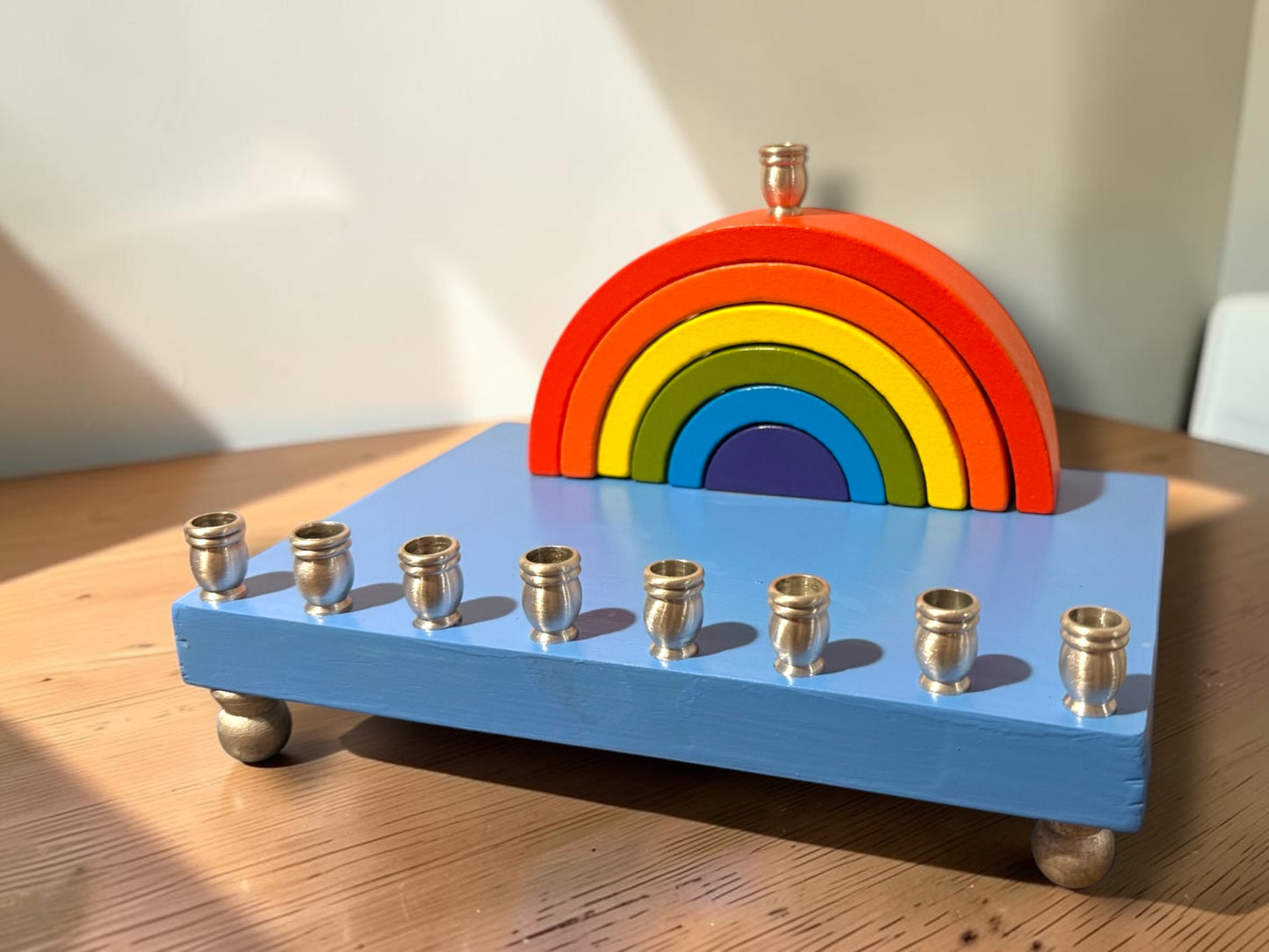 Rainbow Wood Menorah Hanukkiah Judaica Jewish Hanukkah Gift