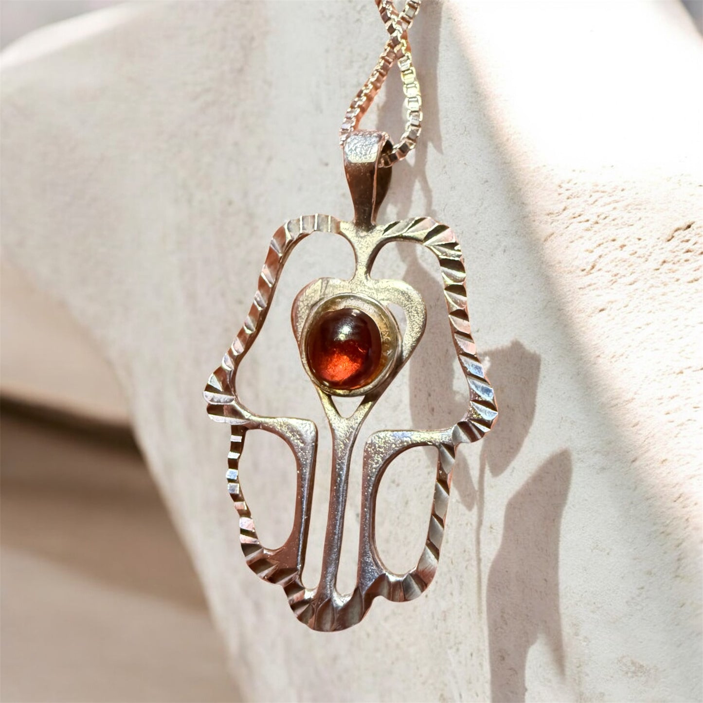 Sterling Silver Modernist Red Garnet Hamsa Hand of Miriam Necklace