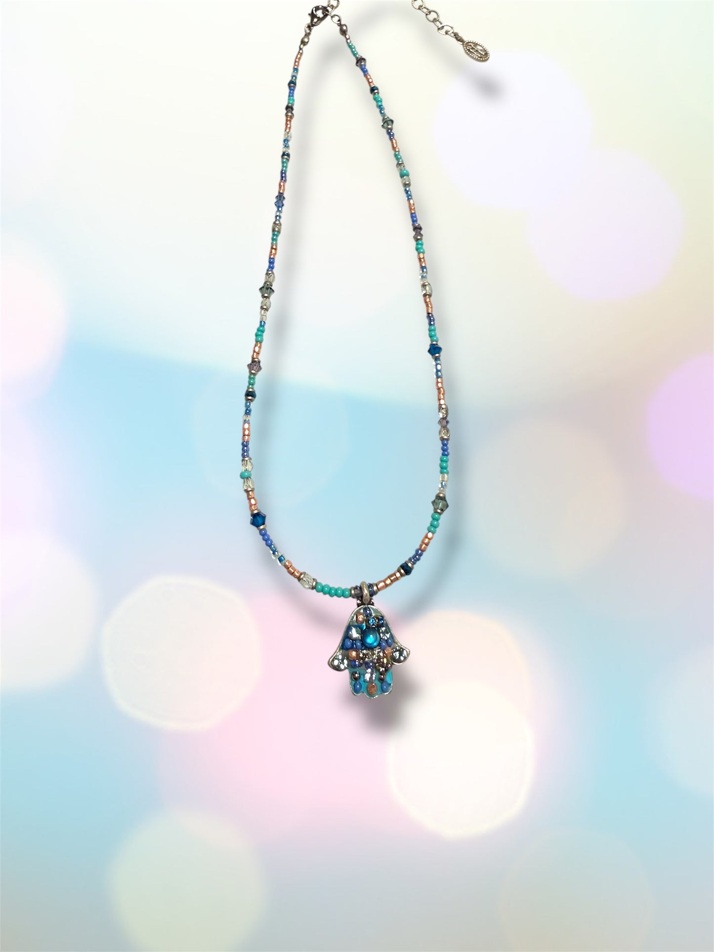 Small Blue Mosaic Hamsa Necklace