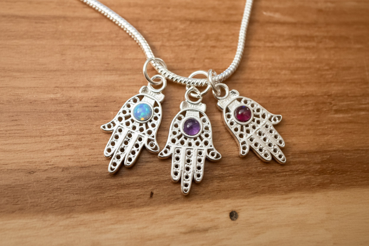 Sterling Silver filagree Hamsa with Opal Amethyst Garnet Pendant Necklace