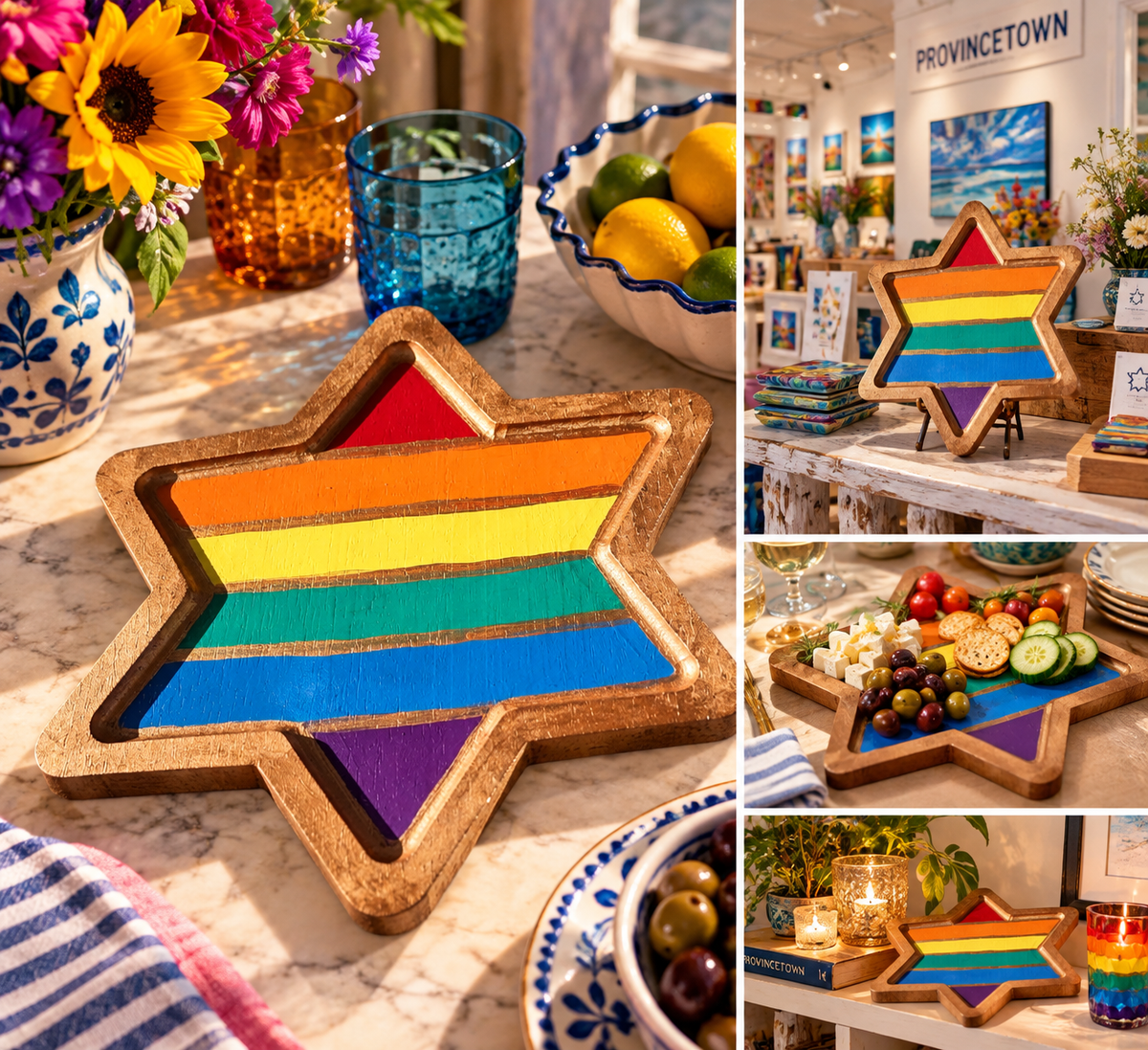 Chasing Rainbows Star Serving Tray – Hand-Painted Rainbow Star of David Tray
