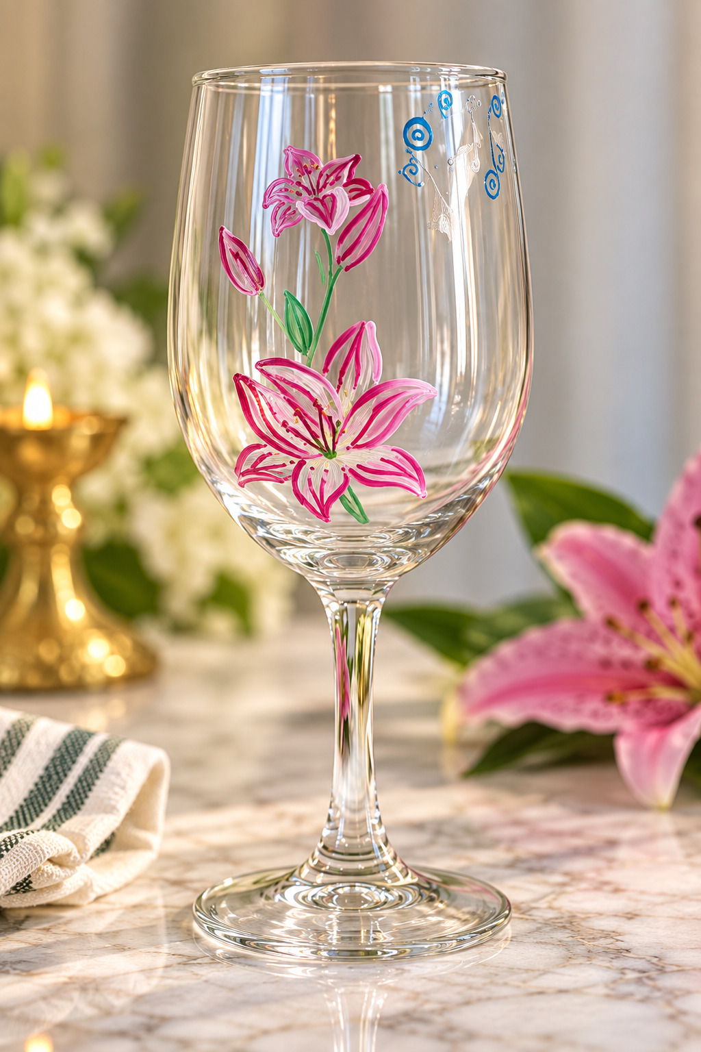 Hand-Painted Lily Kiddush & Wine Glasses