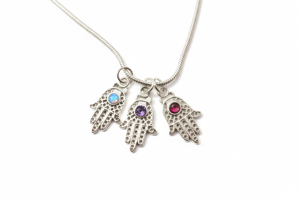 Sterling Silver filagree Hamsa with Opal Amethyst Garnet Pendant Necklace