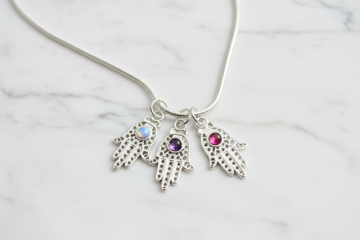 Sterling Silver filagree Hamsa with Opal Amethyst Garnet Pendant Necklace