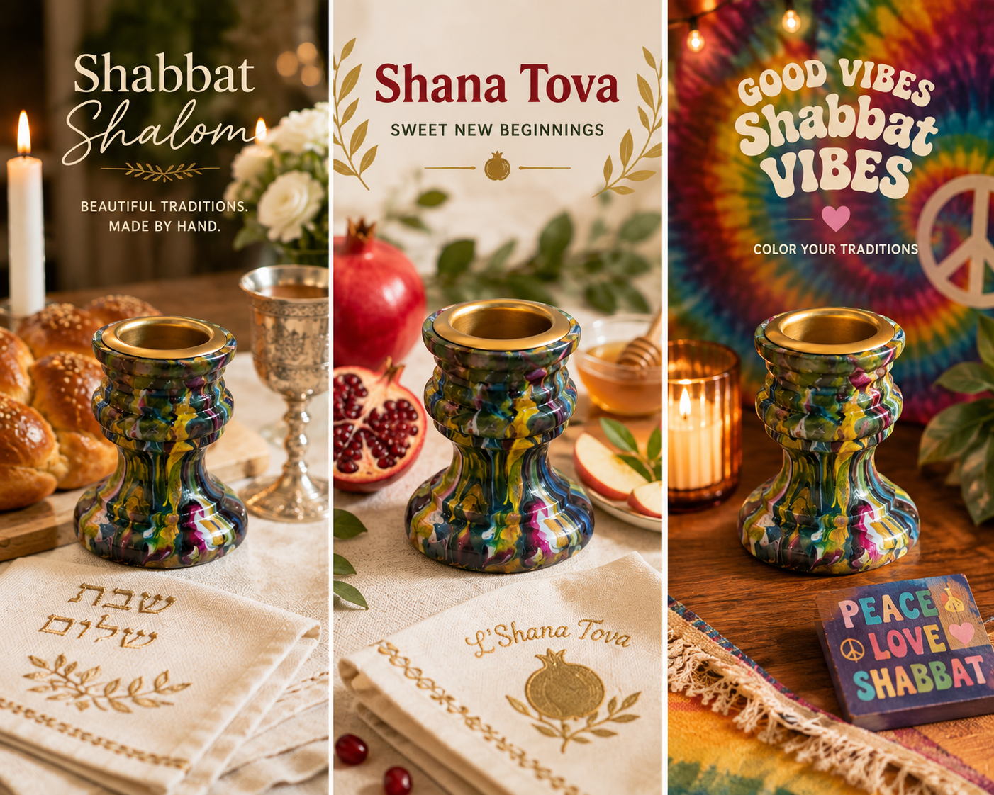 Colorful Shabbat Candlesticks | Paint Poured Jewish Candle Holders | Hippie Judaica | Boho Jewish Wedding Gift | Set of 2
