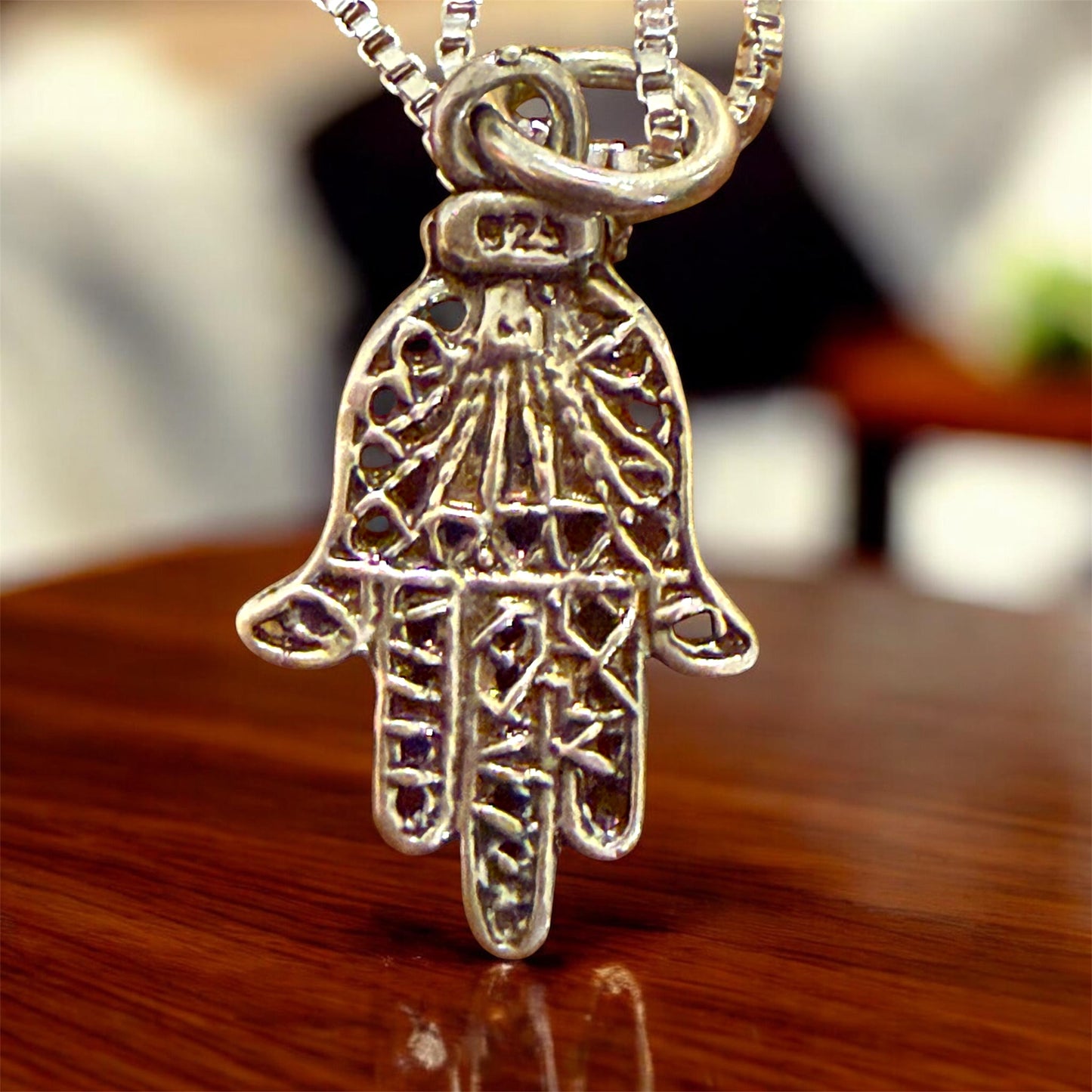 Sterling Silver filagree Hamsa with Opal Pendant Necklace