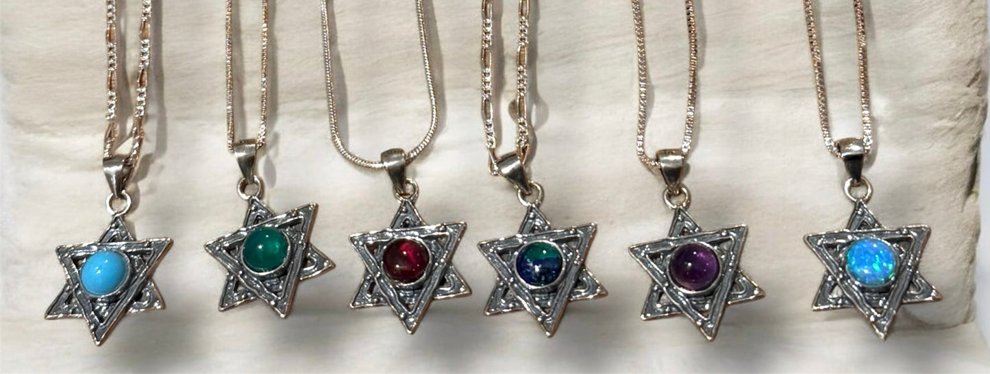 Sterling Silver Jewish Star of David Pendant Necklace with Natural Gemstone