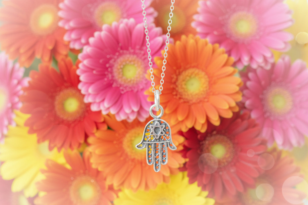Sterling Silver filagree Hamsa Star of David or Chai Pendant Necklace
