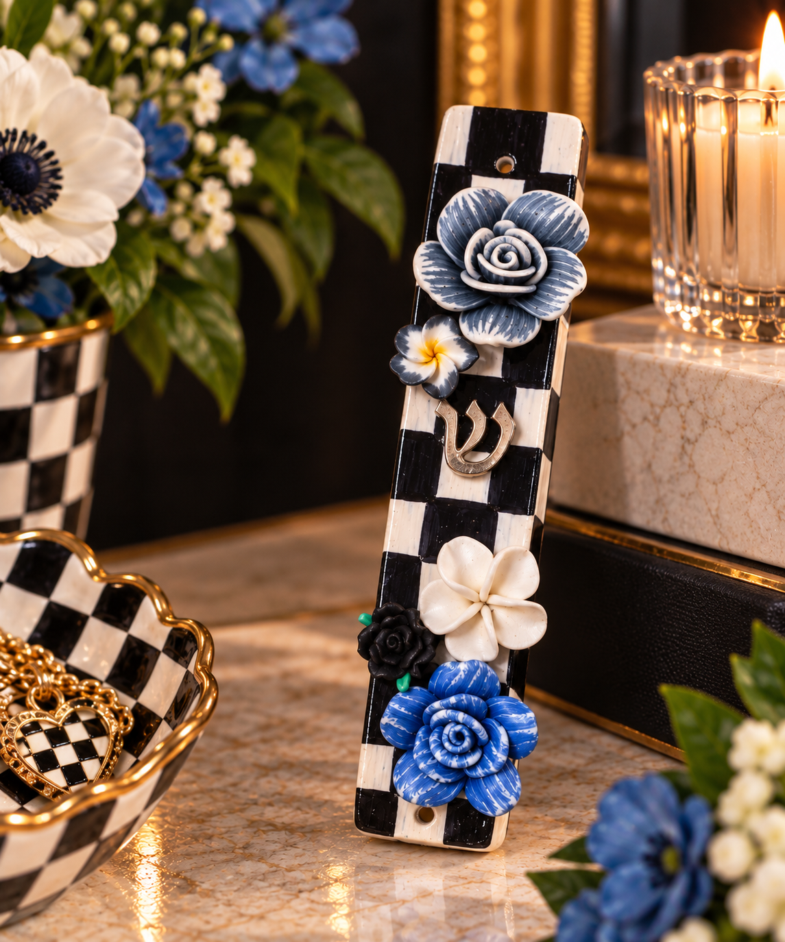 The Checkerbloom Mezuzah — Hand-Painted Floral Mezuzah