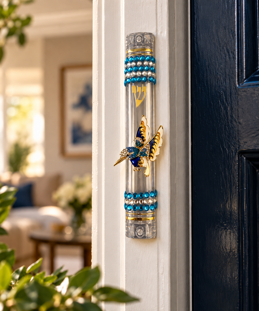 Jeweled Flight Hummingbird Mezuzah | Repurposed Jewelry Acrylic Mezuzah