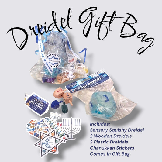 Hanukkah Dreidel Gift Bag – Sensory Squishy Dreidel, Wooden & Plastic Dreidels + Stickers | Chanukah Kids Gift