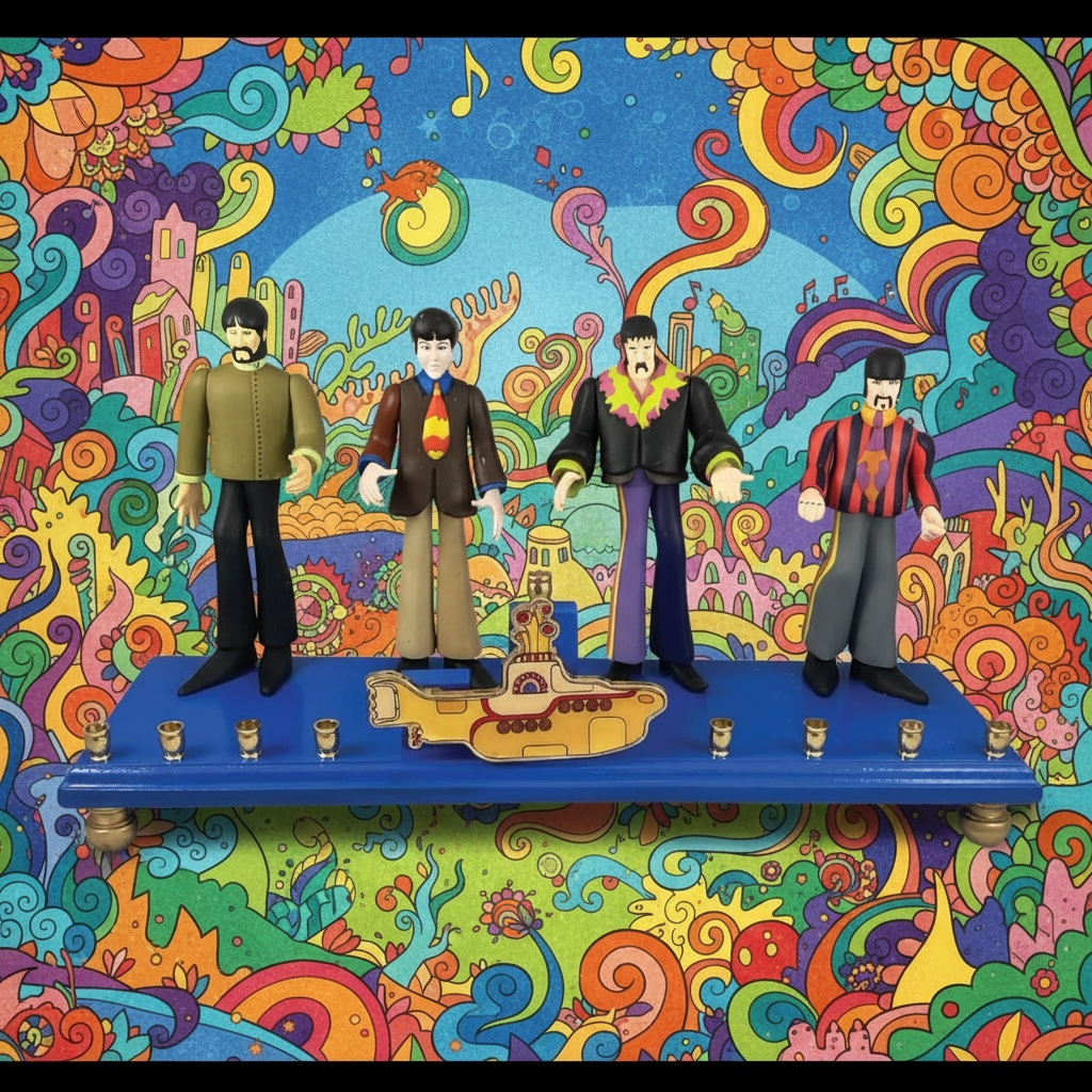 Collector Beatles Yellow Submarine Menorah Judaica Hanukkah Repurposed Figures John Lennon Ringo Paul McCarthy George Magnet Bottle Opener