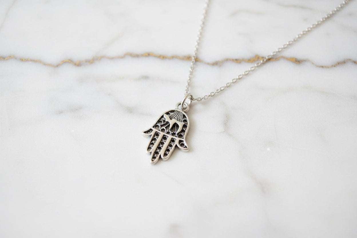 Sterling Silver filagree Hamsa Star of David or Chai Pendant Necklace