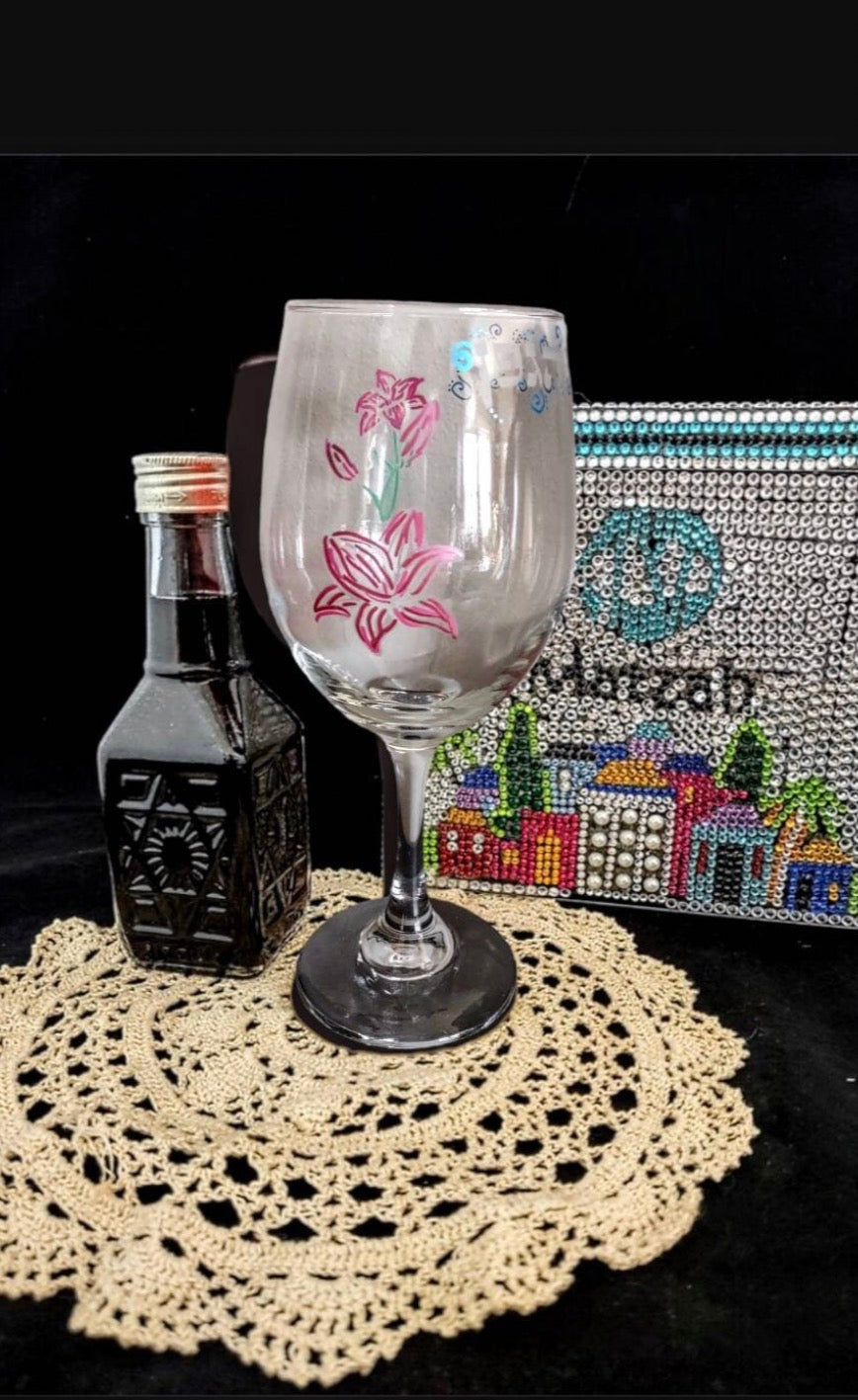 Blessing Over Wine Kiddish Cup Lilies Etched Glass Hand Painted Passover Tableware