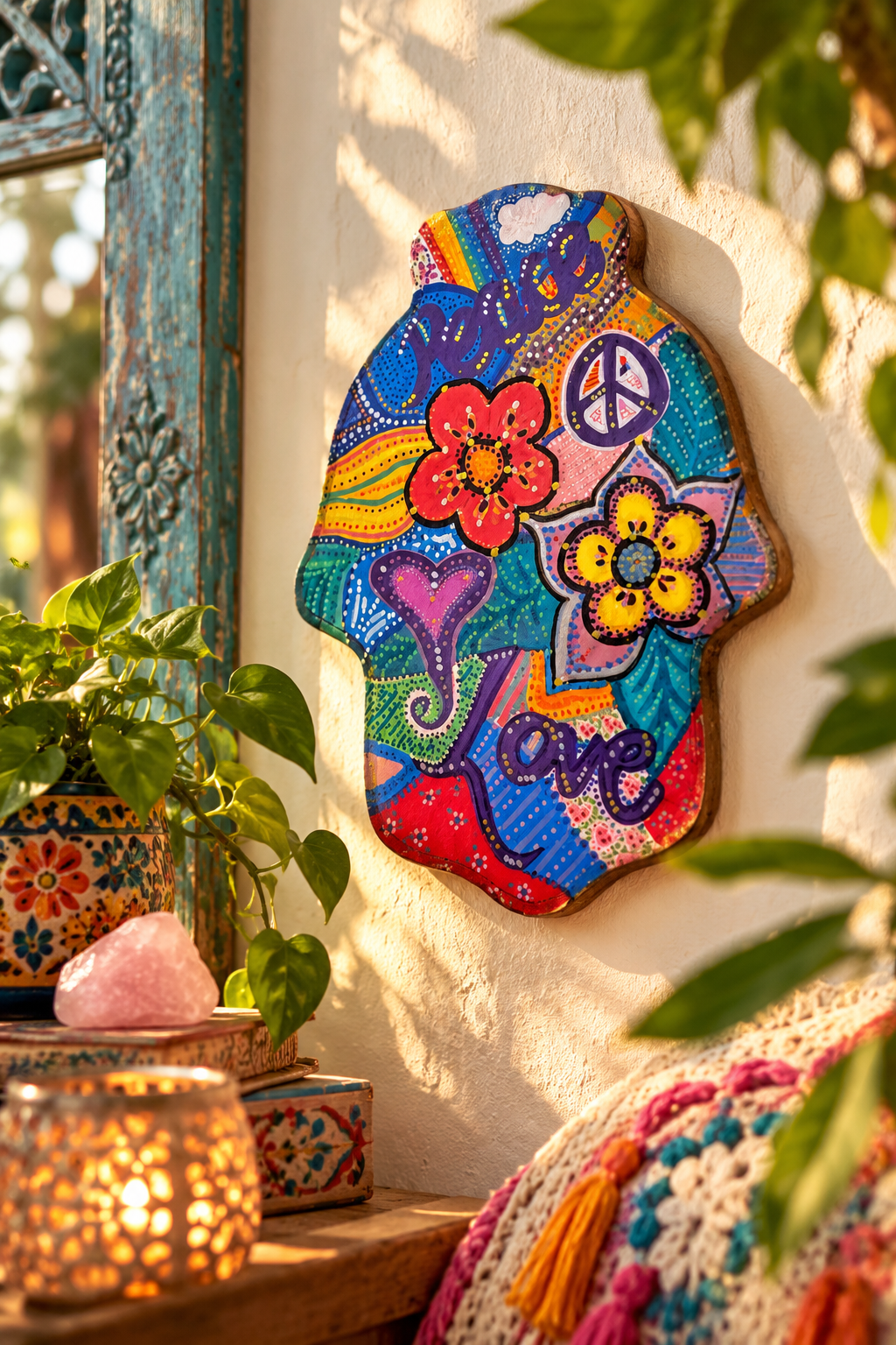 The Shalomstock Collection — Hand-Painted Hamsa Wall Art | Peace, Love & Flower Power Judaica