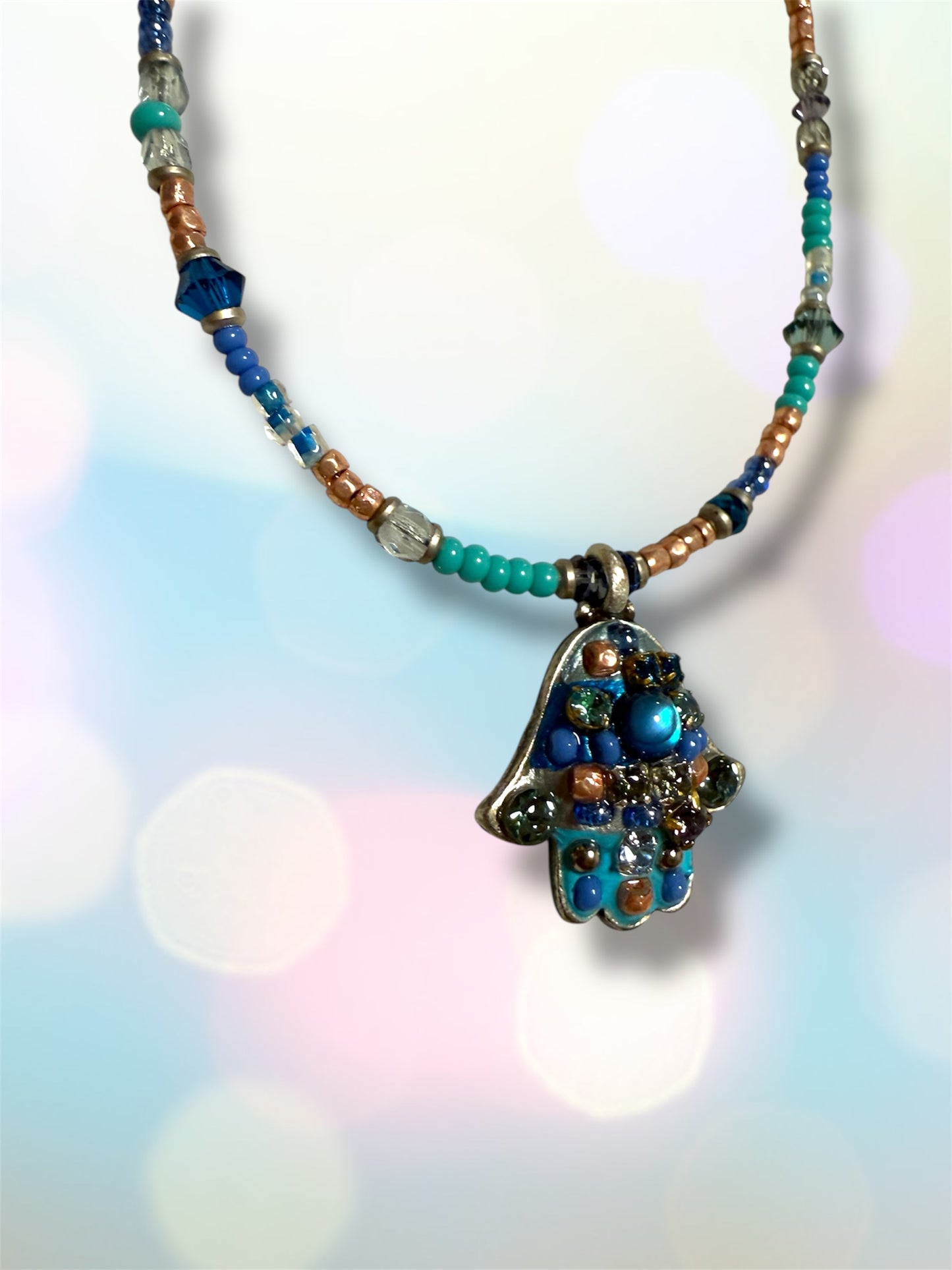 Small Blue Mosaic Hamsa Necklace