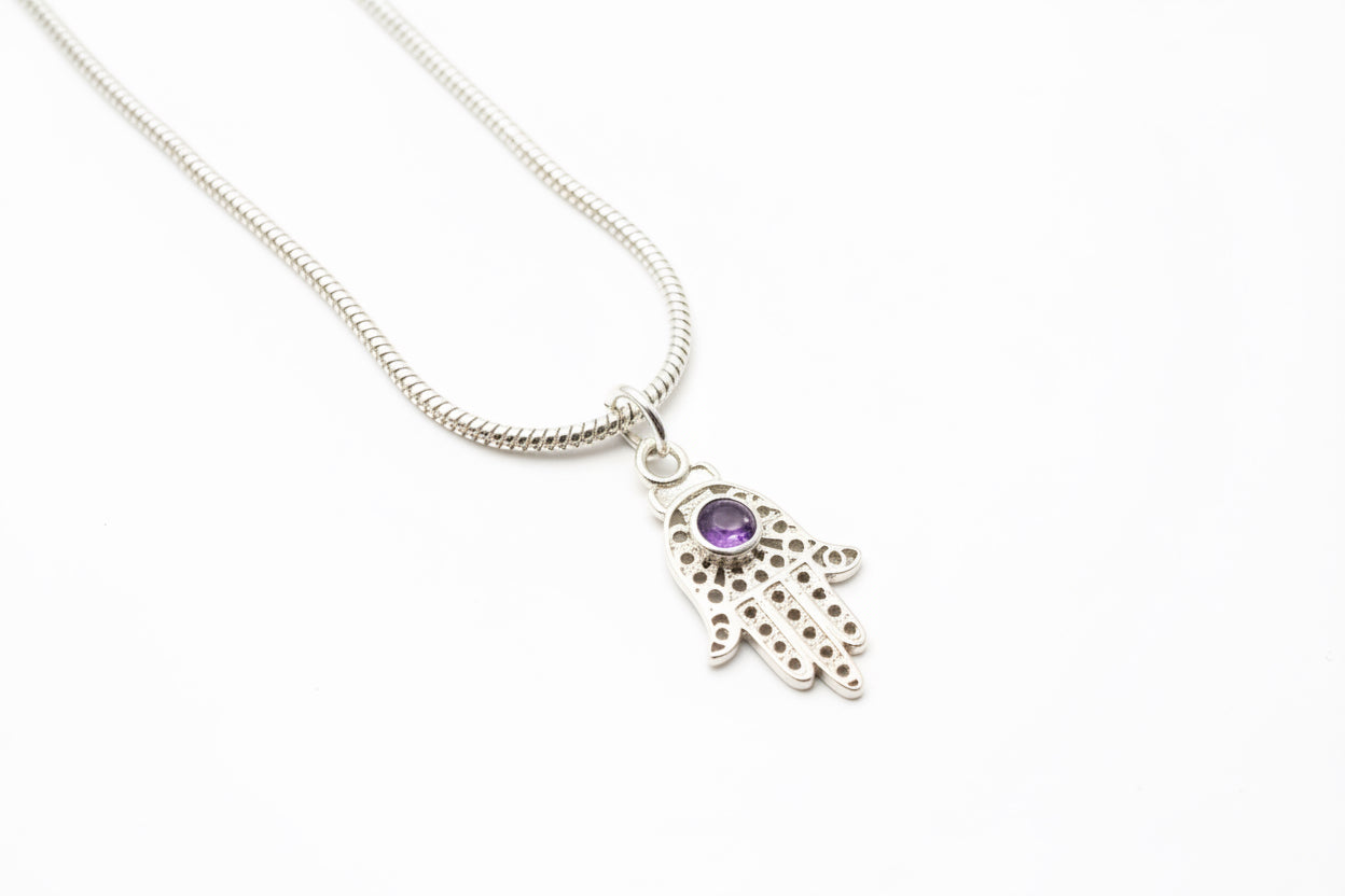 Sterling Silver filagree Hamsa with Opal Amethyst Garnet Pendant Necklace
