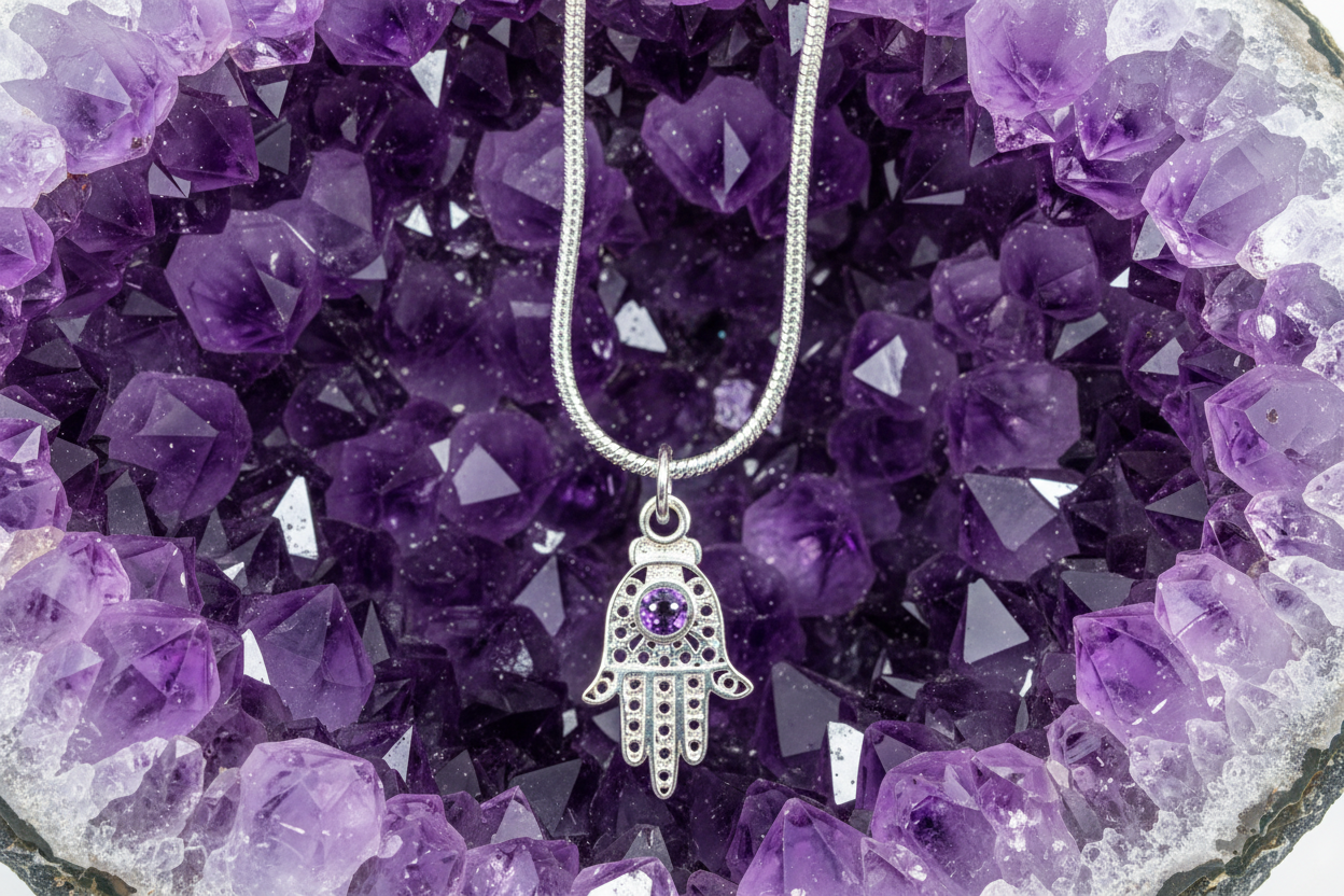 Sterling Silver filagree Hamsa with Opal Amethyst Garnet Pendant Necklace