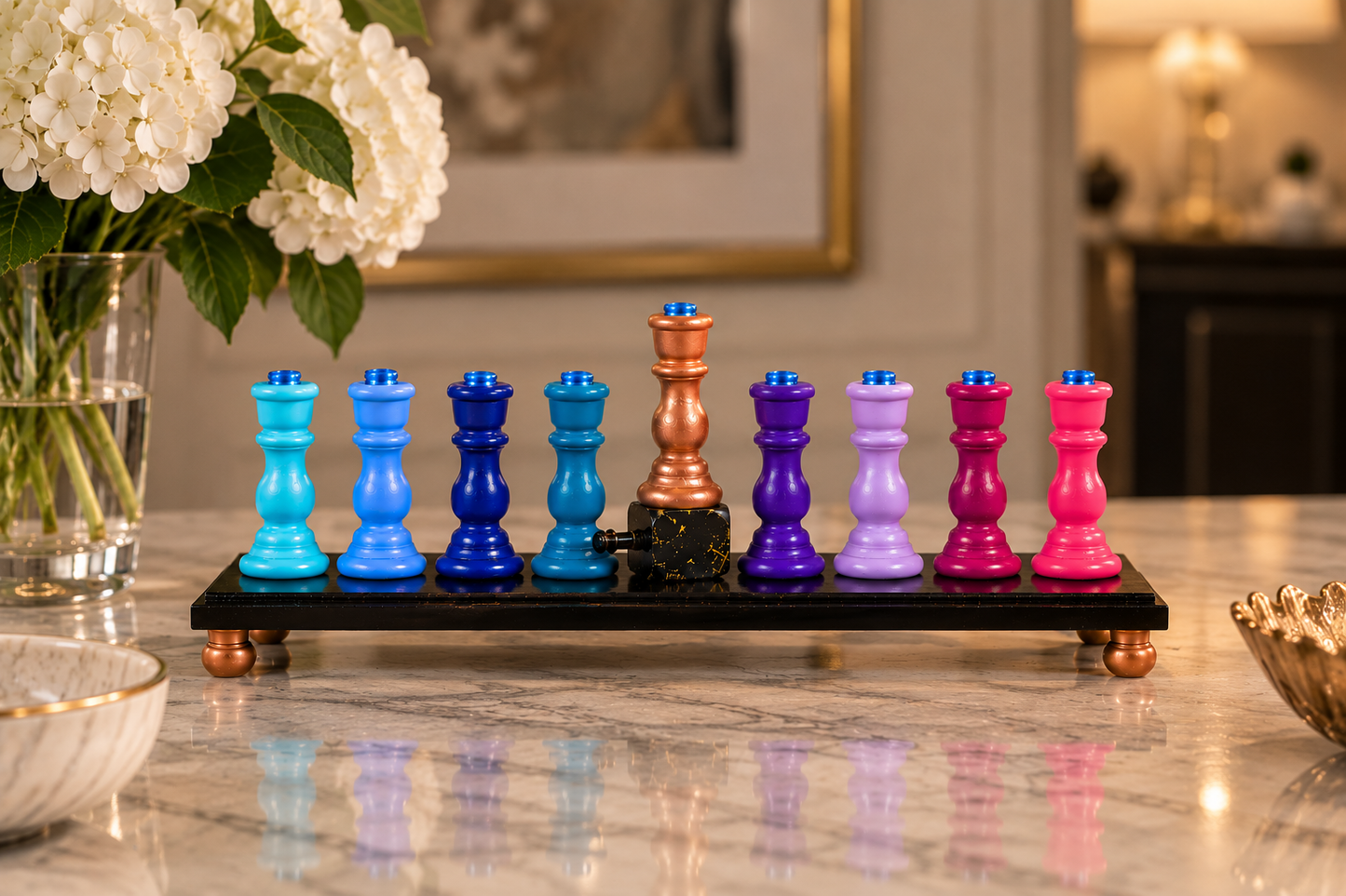 The Zaphira Menorah

Hand-Painted Jewel Tone & Rose Gold Wood Menorah
