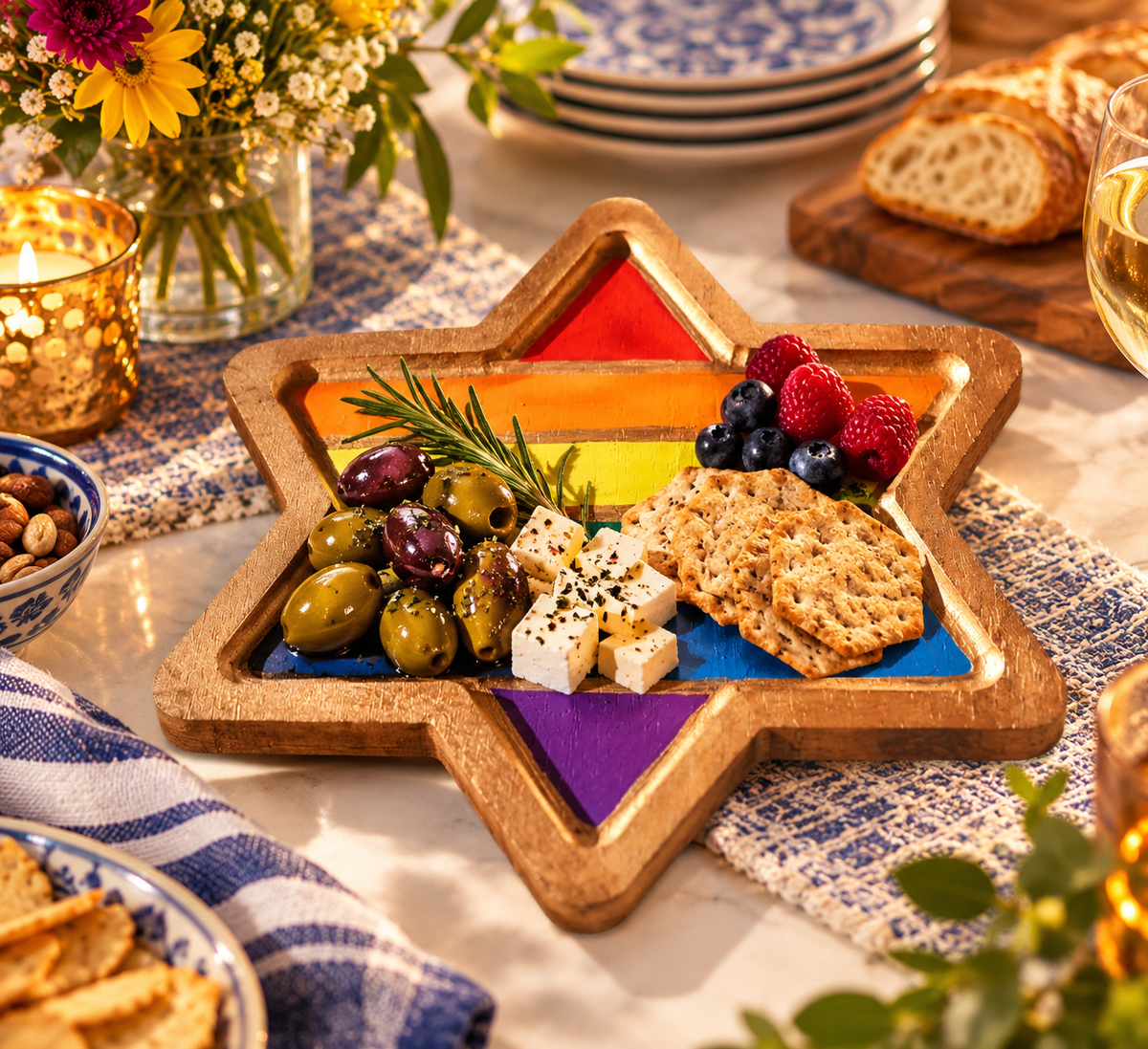 Chasing Rainbows Star Serving Tray – Hand-Painted Rainbow Star of David Tray