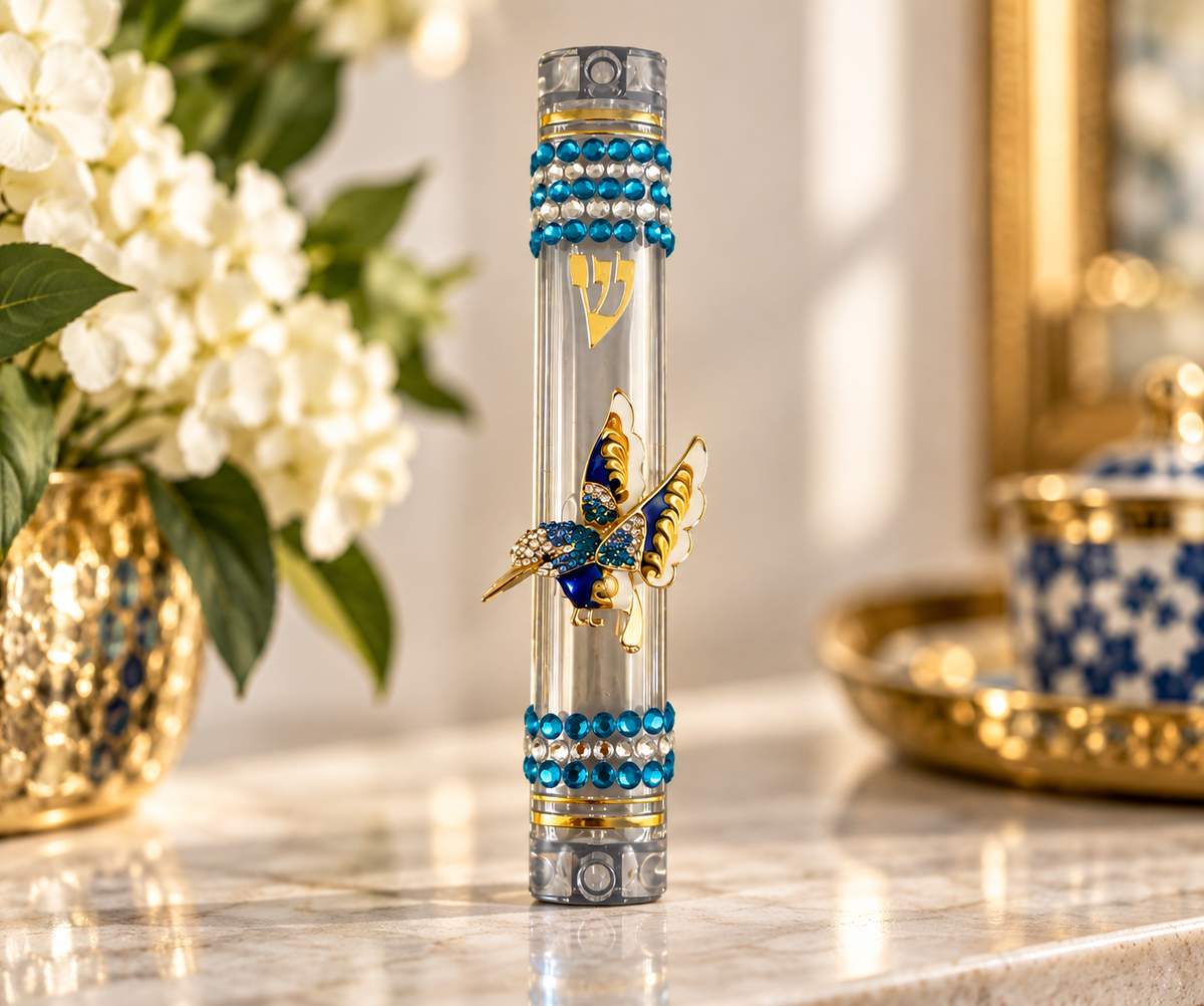 Jeweled Flight Hummingbird Mezuzah | Repurposed Jewelry Acrylic Mezuzah