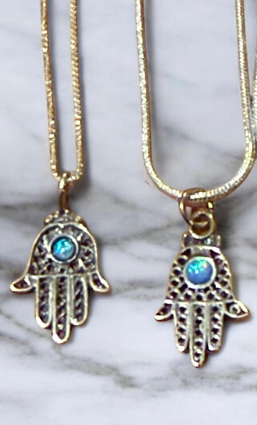 Sterling Silver filagree Hamsa with Opal Pendant Necklace