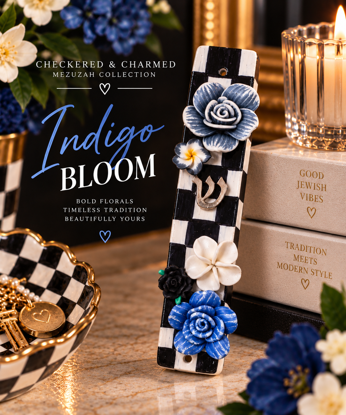 The Checkerbloom Mezuzah — Hand-Painted Floral Mezuzah