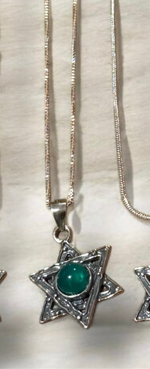 Sterling Silver Jewish Star of David Pendant Necklace with Natural Gemstone