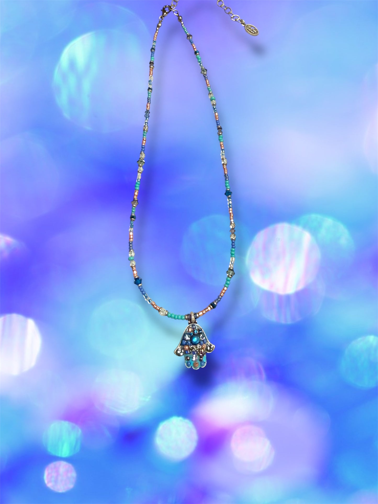 Small Blue Mosaic Hamsa Necklace