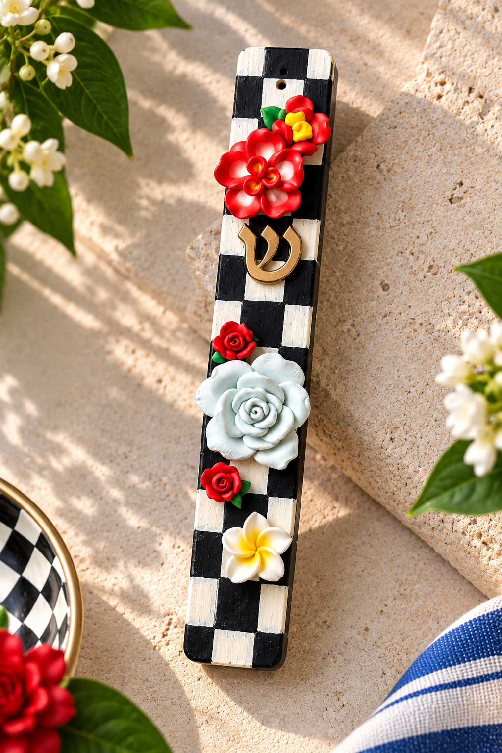 The Checkerbloom Mezuzah — Hand-Painted Floral Mezuzah