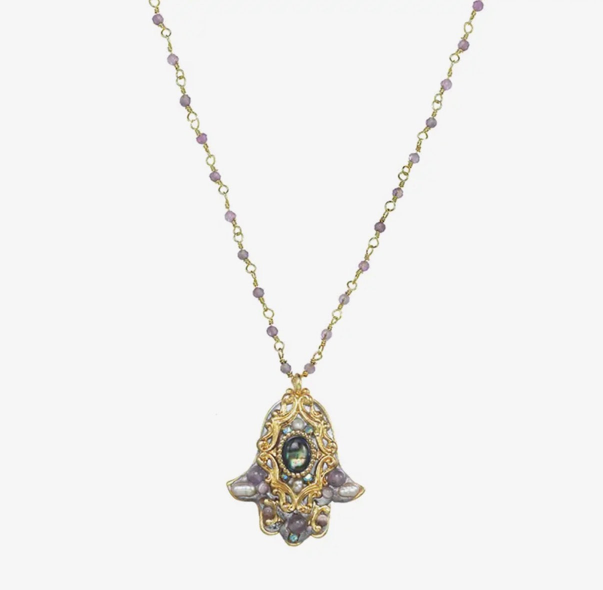 Abalone & Amethyst Hamsa Necklace