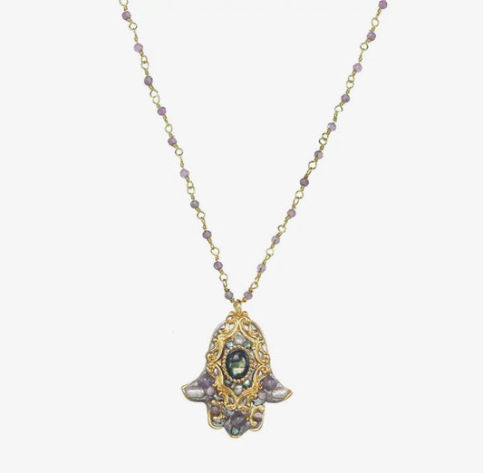 Abalone & Amethyst Hamsa Necklace