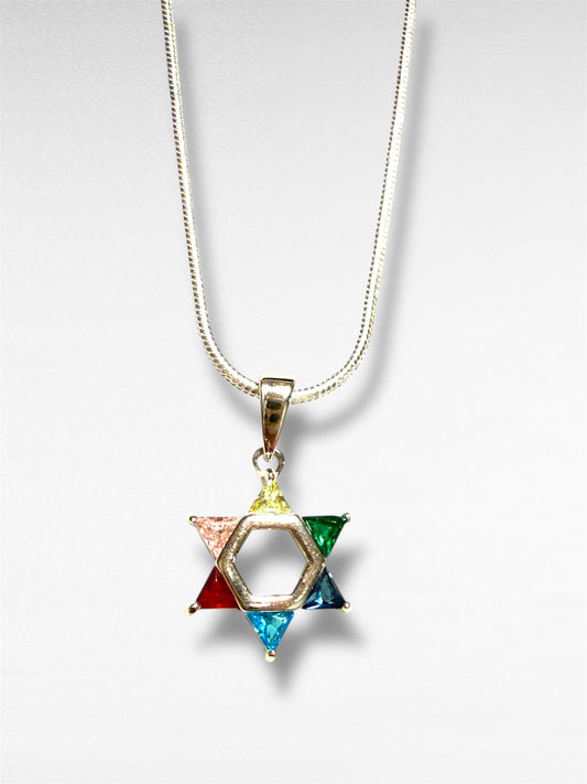 Sterling Silver Multicolor gemstones Star of David Judaica necklace