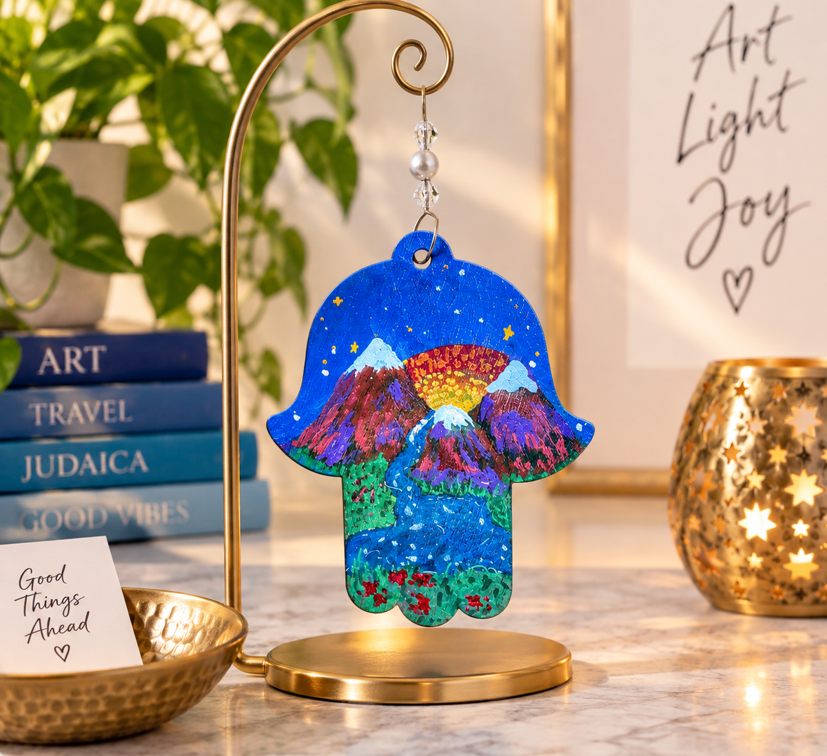 Shalom in the Mountains Hand-Painted Hamsa