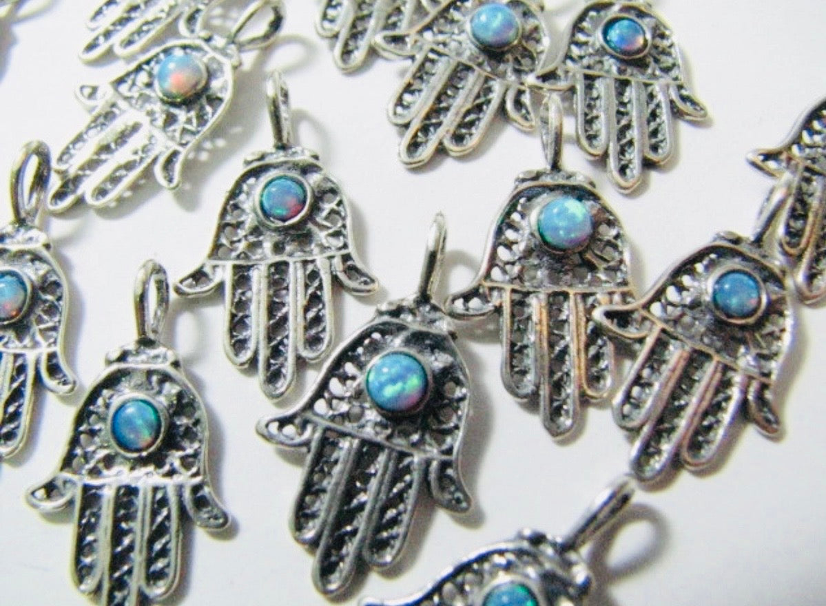 Sterling Silver filagree Hamsa with Opal Pendant Necklace