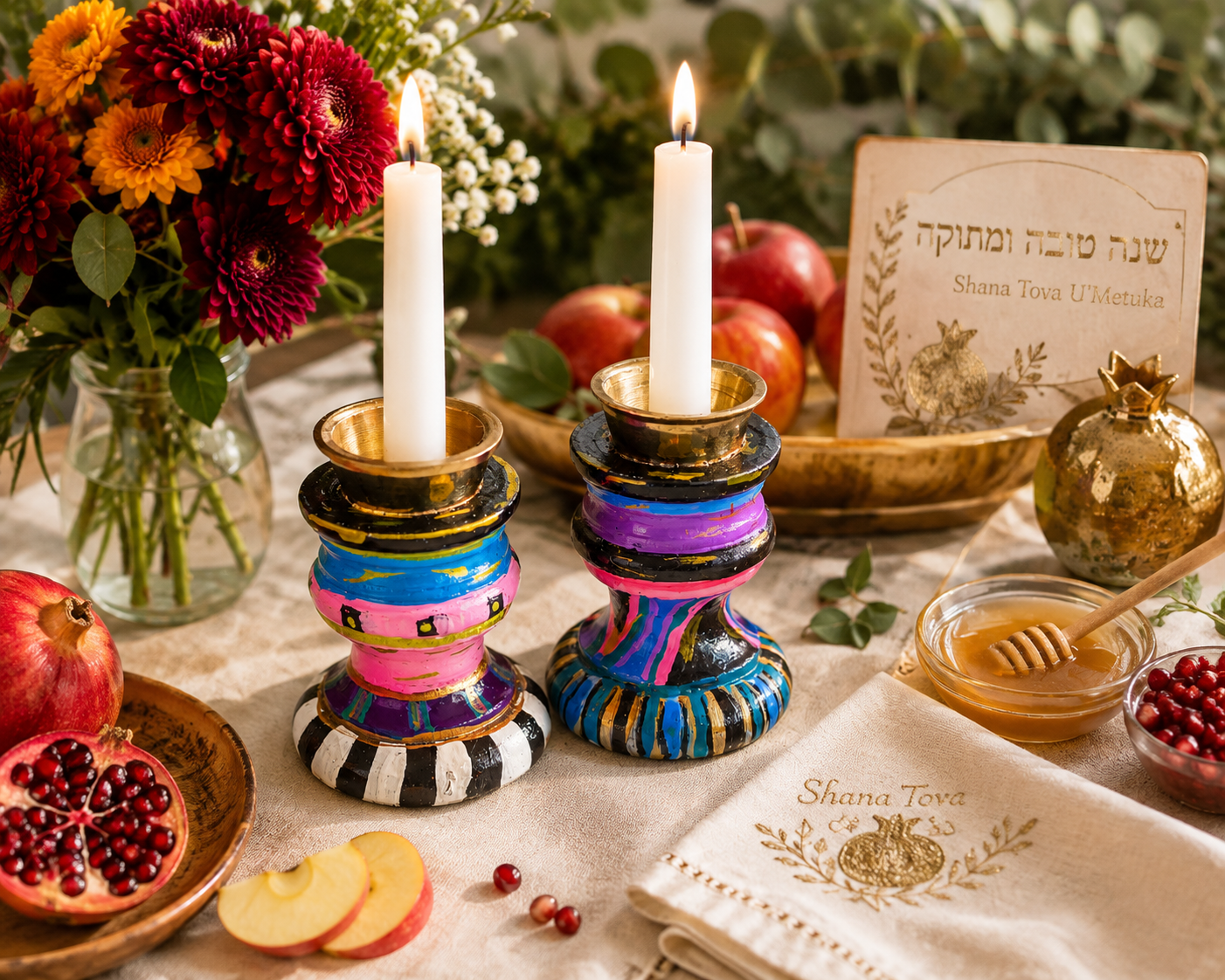 Hand-Painted Shabbat Candle Holders | Colorful Artisan Judaica Candlesticks | Set of 2