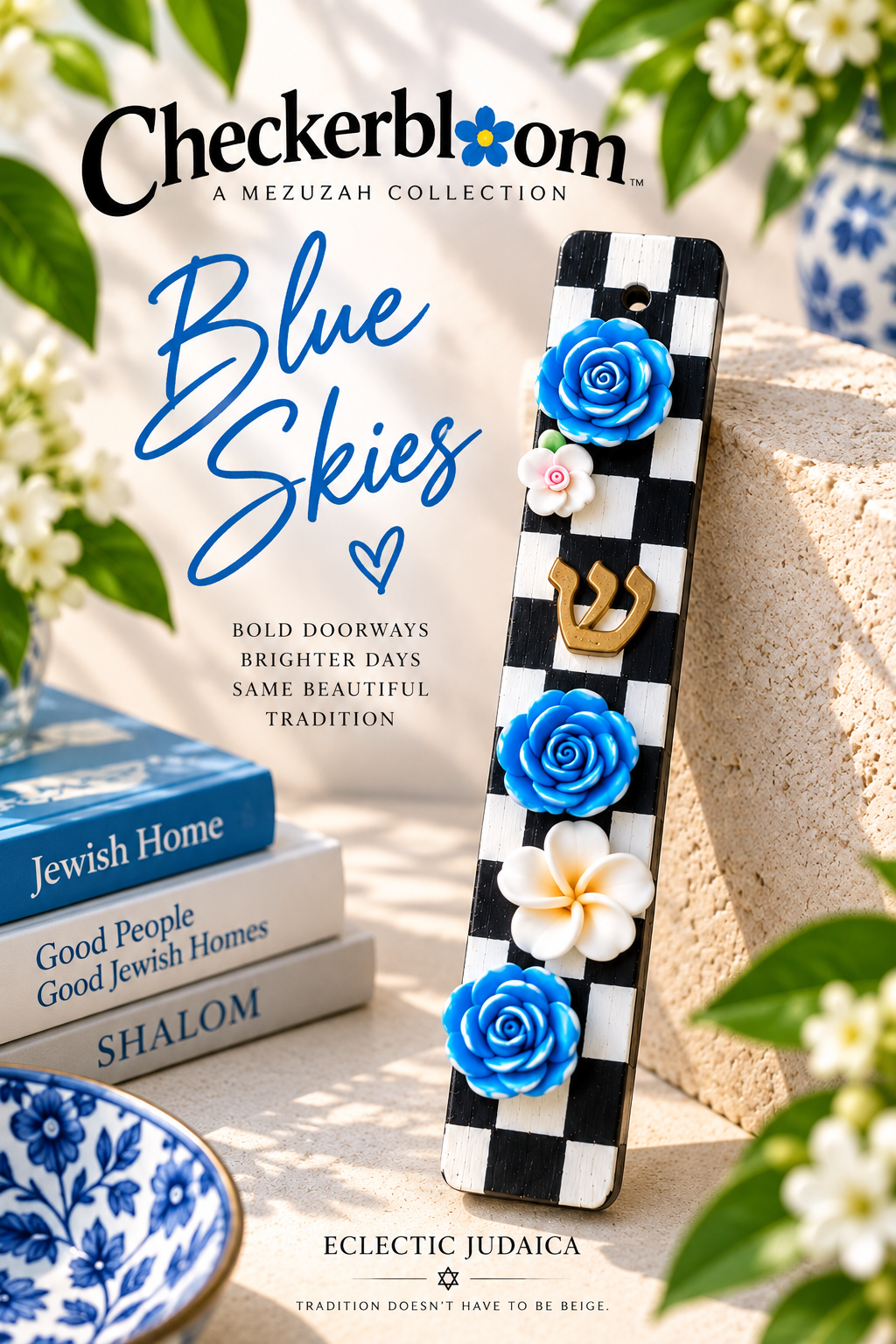 The Checkerbloom Mezuzah — Hand-Painted Floral Mezuzah